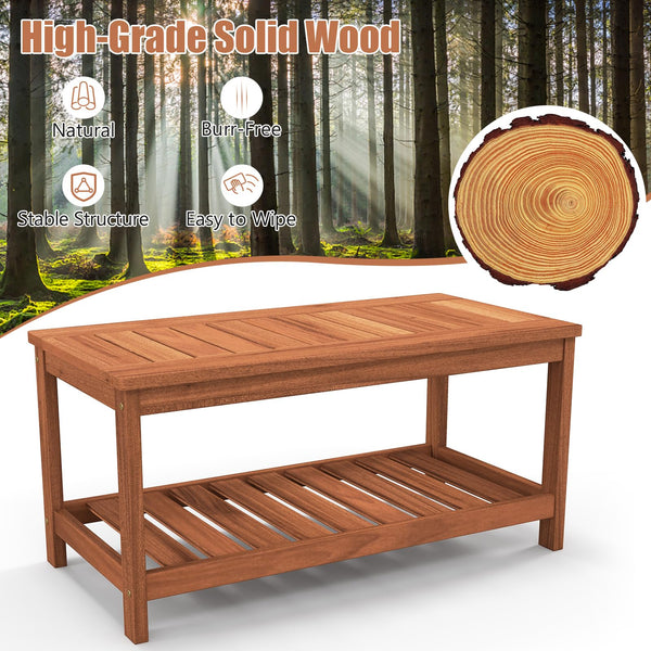 2-Tier Solid Wood Outdoor Coffee Table with Storage Shelf