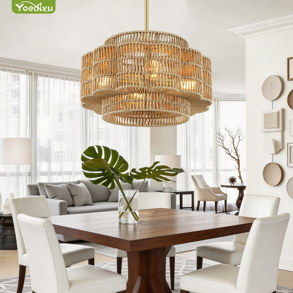 Petal-Shaped Boho Rattan Chandelier – Handwoven Pendant Light