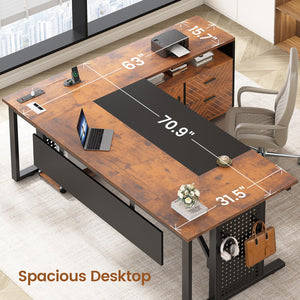 L-Shaped Executive Desk with Rolling File Cabinet, Power Outlets, CPU Stand & Pegboard