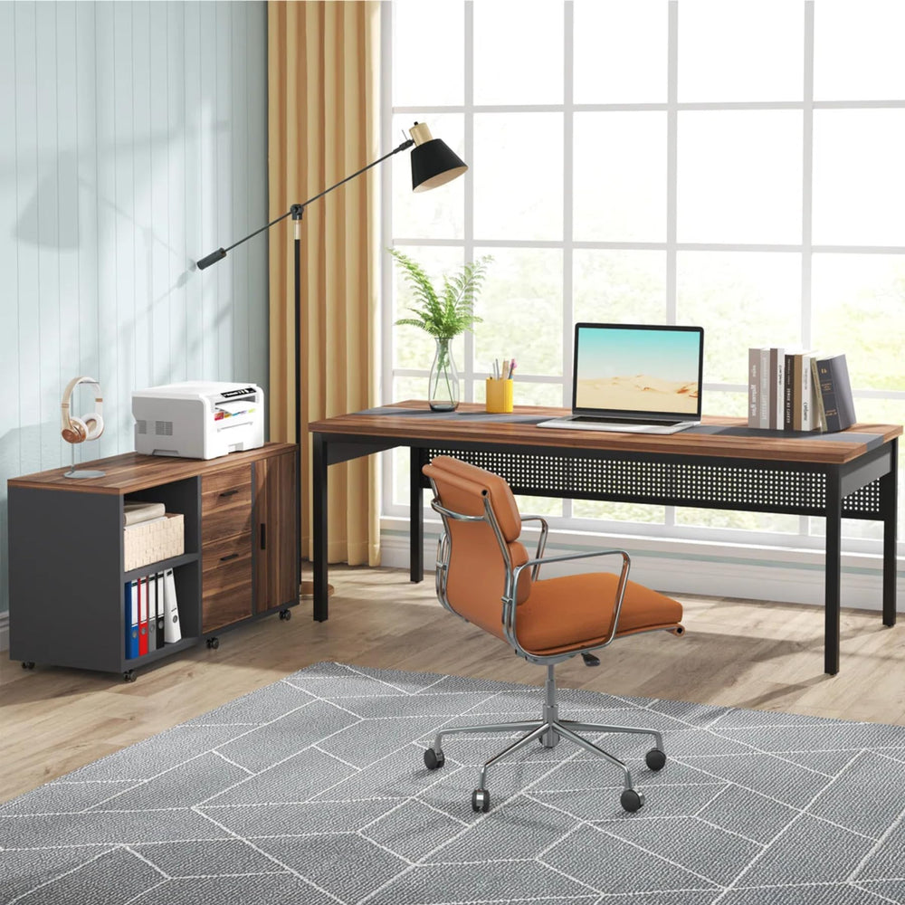 L-Shaped Executive Desk with Mobile File Cabinet & Storage Shelves