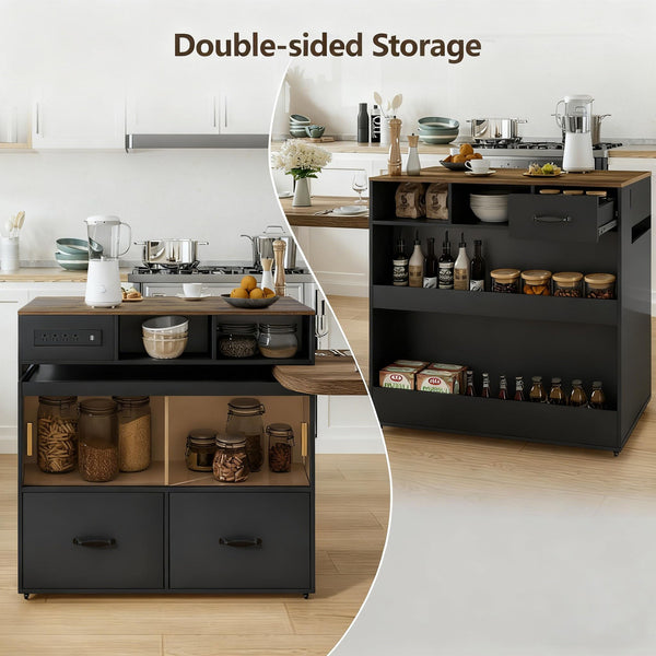 Rolling Kitchen Island with Extendable Countertop & Storage