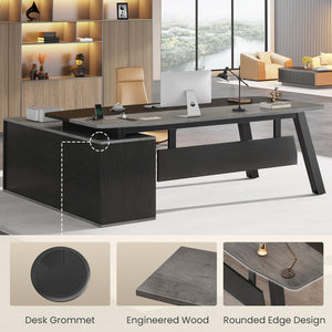L-Shaped Executive Desk with File Cabinet and Power Outlets