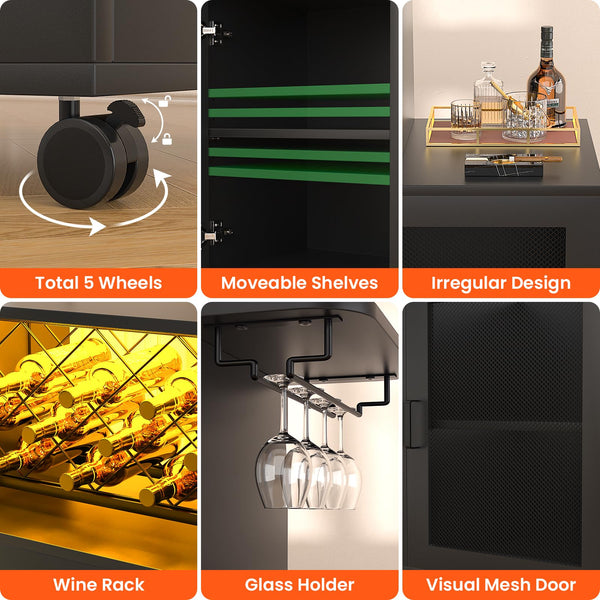 Small Bar Cabinet with LED Light, Power Outlets & Wine Rack