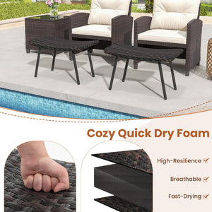 Set of 2 Outdoor Rattan Patio Ottomans with Quick Dry Foam