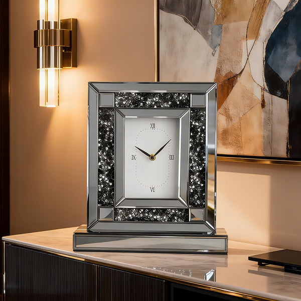 Mirrored Desk Clock with Crystal Accents & Roman Numerals
