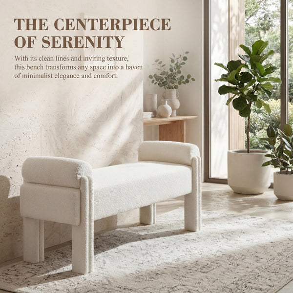 Upholstered Ottoman Bench, Sherpa Boucle, Solid Wood Frame, 53.5" Long