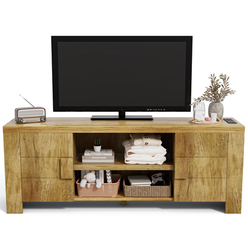 70-Inch Farmhouse TV Stand with Power Outlets & Storage Cabinets