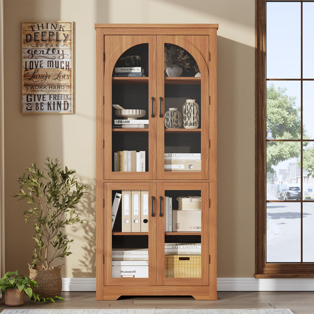 70" Tall Kitchen Pantry Cabinet with 4 Arched Glass Doors & Adjustable Shelves