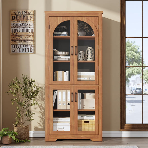 70" Tall Kitchen Pantry Cabinet with 4 Arched Glass Doors & Adjustable Shelves