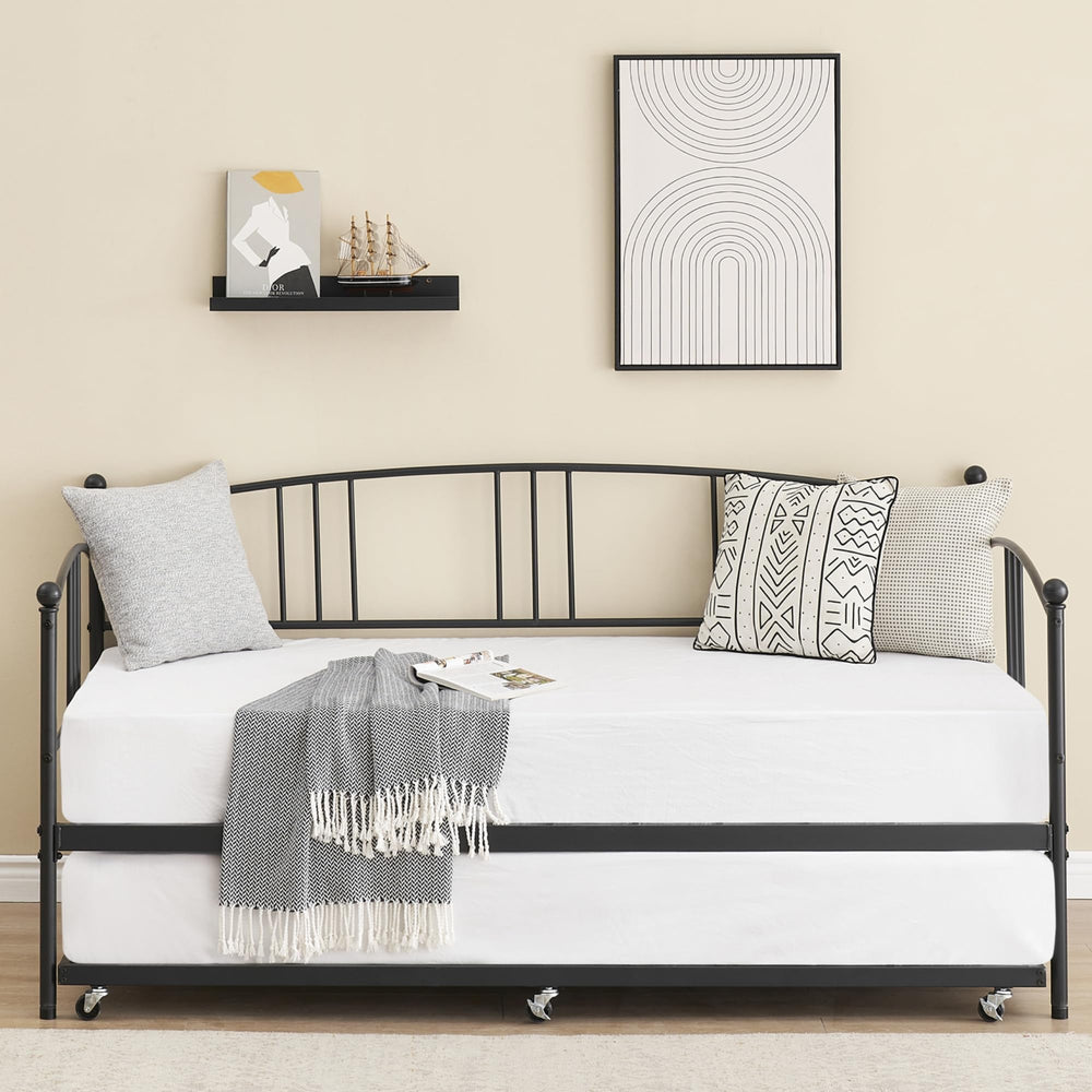 IDEALHOUSE Twin Daybed with Trundle, Metal Twin Size Daybed with Pullout Trundle 6 Casters, Steel Slat Support Sofa Bed for Living Room, Bedroom, Guest Room (Black)