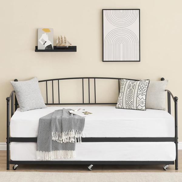 IDEALHOUSE Twin Daybed with Trundle, Metal Twin Size Daybed with Pullout Trundle 6 Casters, Steel Slat Support Sofa Bed for Living Room, Bedroom, Guest Room (Black)