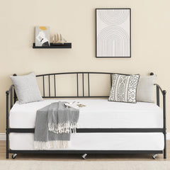 GarveeHome Daybed with Trundle, Sturdy Metal Day Bed with Steel Slat Support, Trundle Bed Twin with Arched Headboard, SofaBed for Living Room, Bedroom and Guest Room, Black