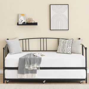 GarveeHome Daybed with Trundle, Sturdy Metal Day Bed with Steel Slat Support, Trundle Bed Twin with Arched Headboard, SofaBed for Living Room, Bedroom and Guest Room, Black