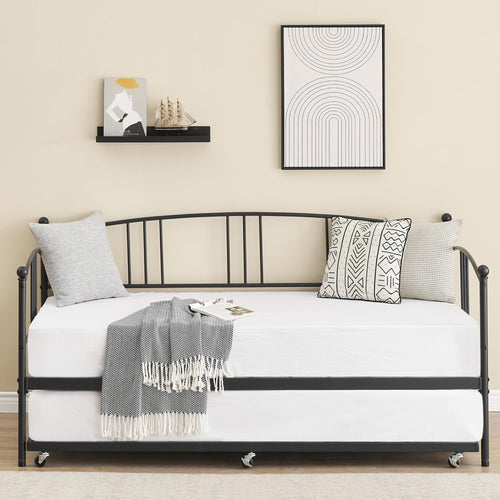GarveeHome Daybed with Trundle, Sturdy Metal Day Bed with Steel Slat Support, Trundle Bed Twin with Arched Headboard, SofaBed for Living Room, Bedroom and Guest Room, Black