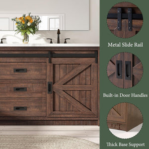 60" Farmhouse Bathroom Double Vanity with Integrated Sink & Sliding Barn Door