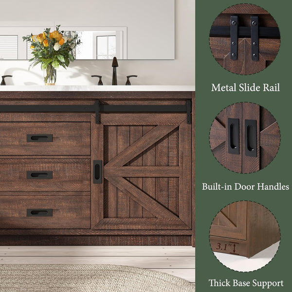 60" Farmhouse Bathroom Double Vanity with Integrated Sink & Sliding Barn Door
