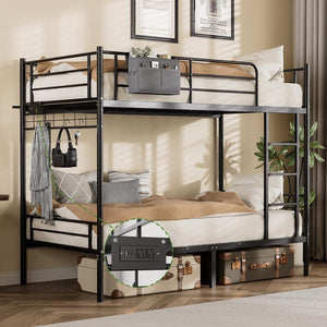 Twin Over Twin Metal Bunk Bed with USB Charging, LED Lights & Storage