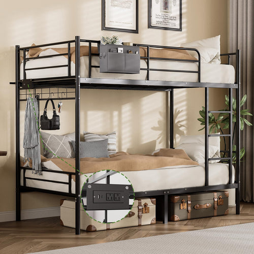 Twin Over Twin Metal Bunk Bed with USB Charging, LED Lights & Storage