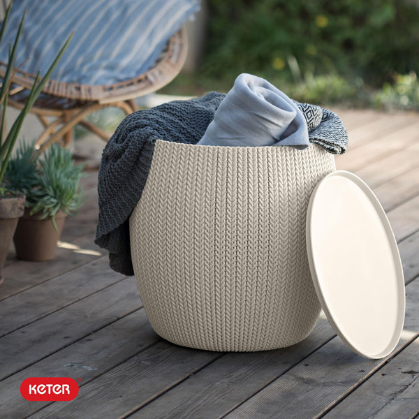 Outdoor Pouf Ottoman Set with Storage Table – 3-Piece Resin Seating