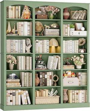 6-Tier Triple Wide Bookcase with Arched Design, 18 Open Shelves