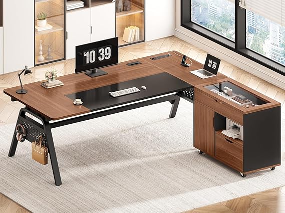 L-Shaped Desk with File Cabinet & Power Outlets