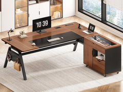 L-Shaped Desk with File Cabinet & Power Outlets