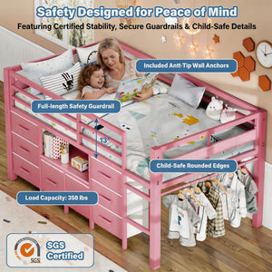 Twin Low Loft Bed with 8 Storage Drawers & Bookcase