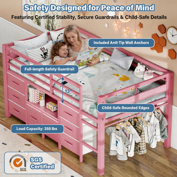 Twin Low Loft Bed with 8 Storage Drawers & Bookcase