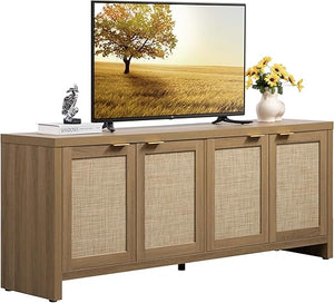 Boho TV Stand with 4 Rattan Cabinets – Farmhouse Entertainment Center, Fits TVs up to 65 Inch