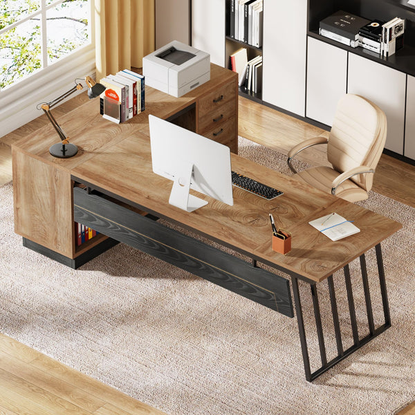 L-Shaped Executive Desk with File Cabinet and Storage Shelves