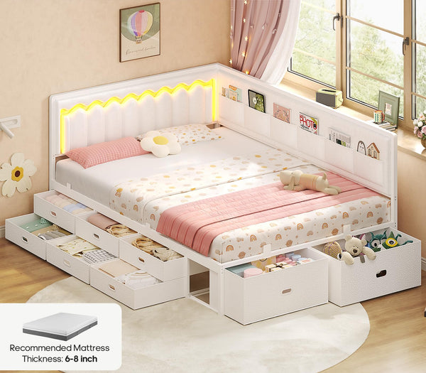 Full Corner Bed Frame with Storage Drawers, RGB Lights & L-Shaped Guardrail
