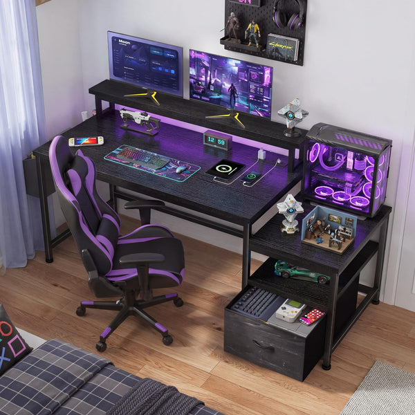 Computer Desk with Monitor Stand, File Drawers & Charging Station
