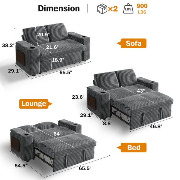 65" Convertible Loveseat Sleeper Sofa with Pull-Out Bed