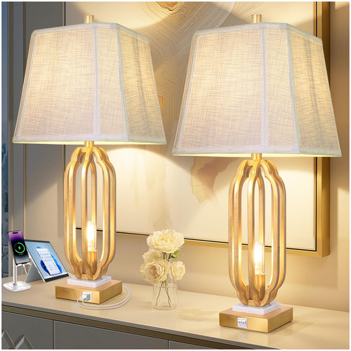 Iron Art Table Lamp Set of 2 with USB Charging Ports & Dimmable Bulb