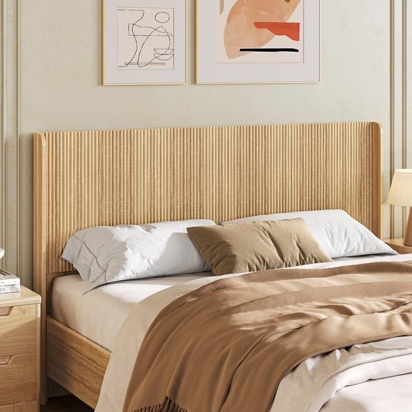 Fluted Wood Queen Headboard – Wall Mount, Wingback, Natural