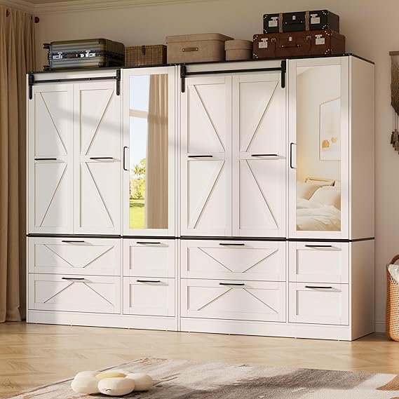 Sliding Barn Door Wardrobe Closet with Mirror & Sensor Lights