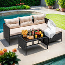 3-Piece L-Shaped Outdoor Rattan Sectional Sofa Set with Glass Table