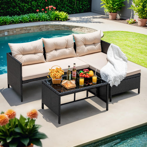 3-Piece L-Shaped Outdoor Rattan Sectional Sofa Set with Glass Table