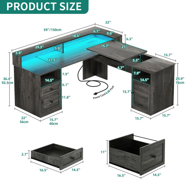 L-Shaped Computer Desk with Power Outlets, LED Lights & Lift Top – 60" Corner Desk with Drawers, Monitor Stand & File Cabinet