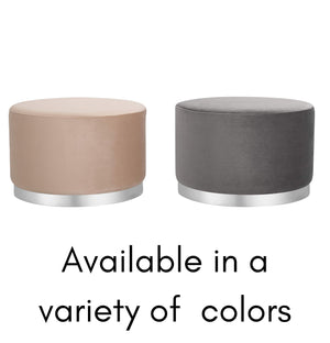 Round Grey Velvet Ottoman Pouf with Silver Trim