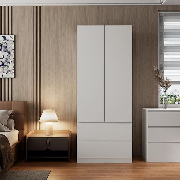 White Armoire Wardrobe with 2 Drawers, Shelves & Hanging Rod