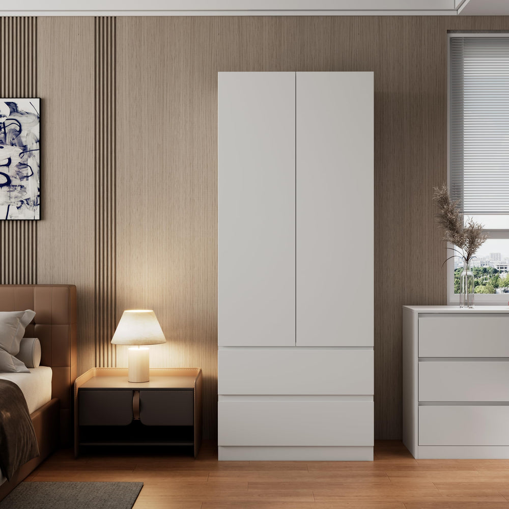 White Armoire Wardrobe with Drawers & Hanging Rod