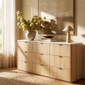 9-Drawer Wide Dresser with Faux Travertine Top