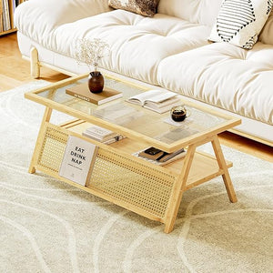 Bamboo Glass Top Coffee Table with Rattan Shelf