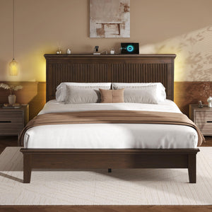 Solid Wood Bed Frame with Tall Headboard, Charging Station & RGB LED