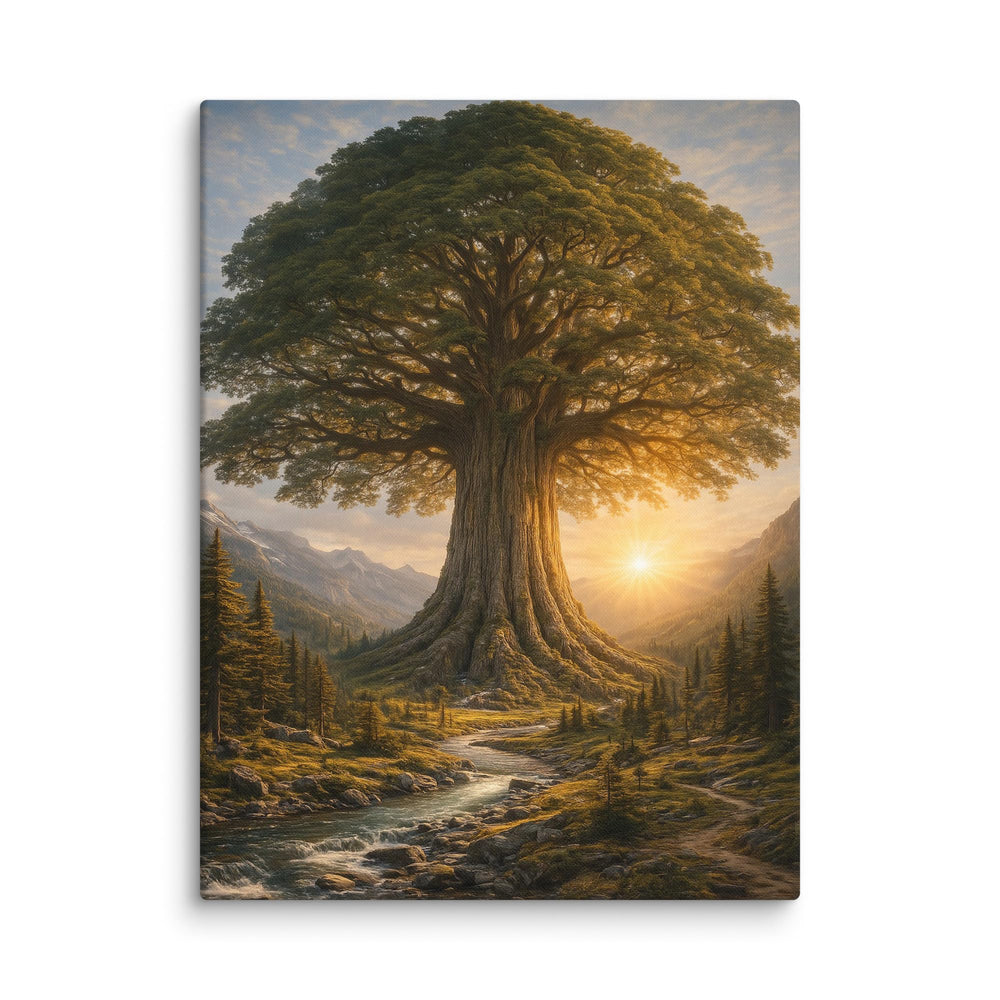 Framed Tree Landscape Mountain Sunrise Canvas Wall Art
