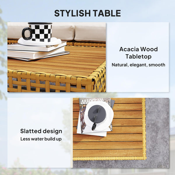 7-Piece Wicker Outdoor Sectional Patio Set with Cushions & Acacia Wood Table