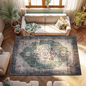 6x9 Vintage Persian Area Rug – Floral Medallion Washable Carpet