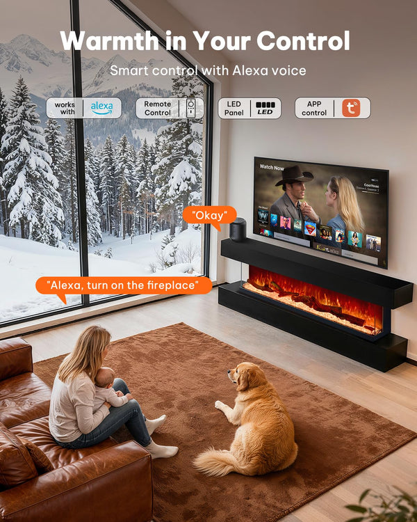 Triple-View Recessed Electric Fireplace Insert with Alexa & App Control