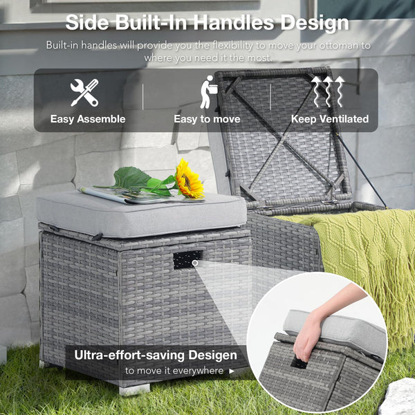 Outdoor Storage Ottoman Set of 2 – PE Rattan Wicker with Cushion